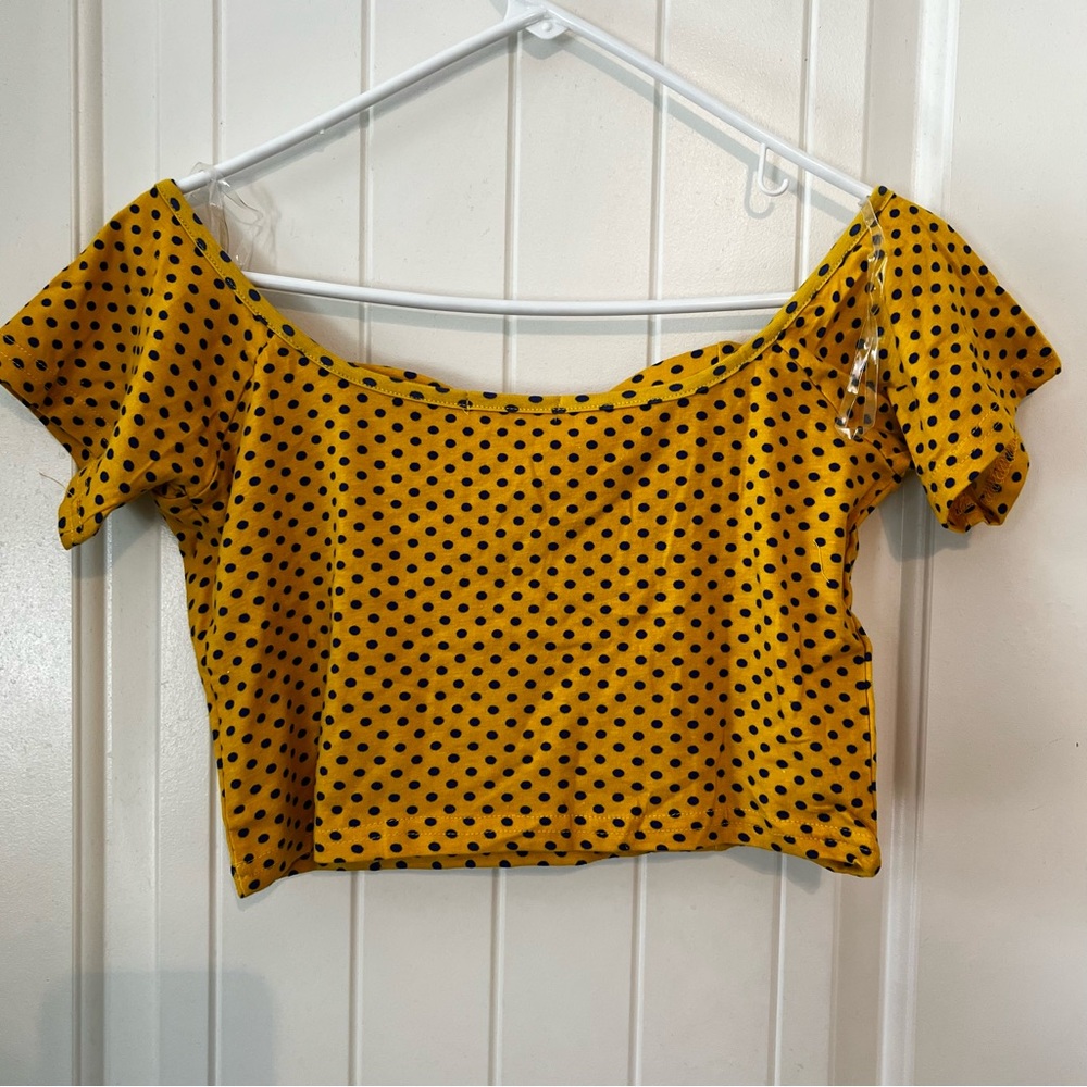 NWOT Diva Apparel Juniors Yellow Blue Polka Dot Cropped Shirt Large Sweetheart - Picture 8 of 9